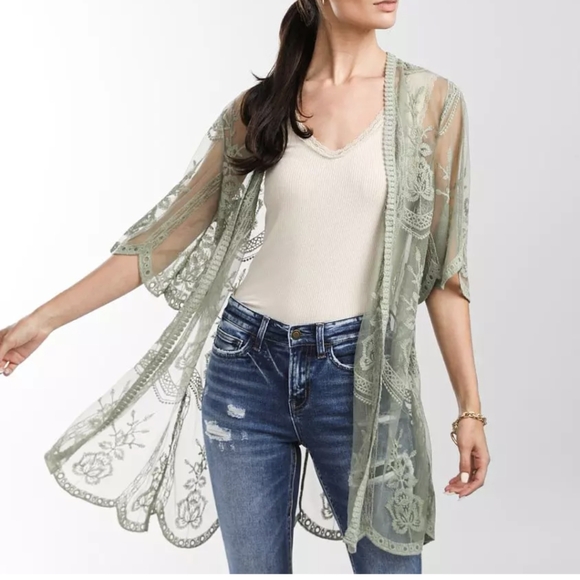 Miss Chievous Lace Mesh Kimono size L/XL in sage leaf - Picture 1 of 11